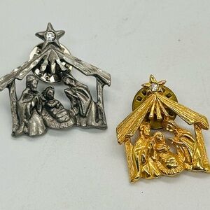 Set of 2 Nativity Scene Brooch Pins in Dark Silver and Gold Tone Lapel Tack